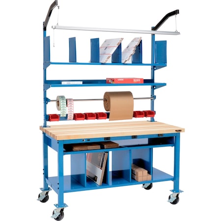 Global Industrial Complete Mobile Packing Workbench W/Power, Maple Square Edge, 72inW x 30inD 244184AB